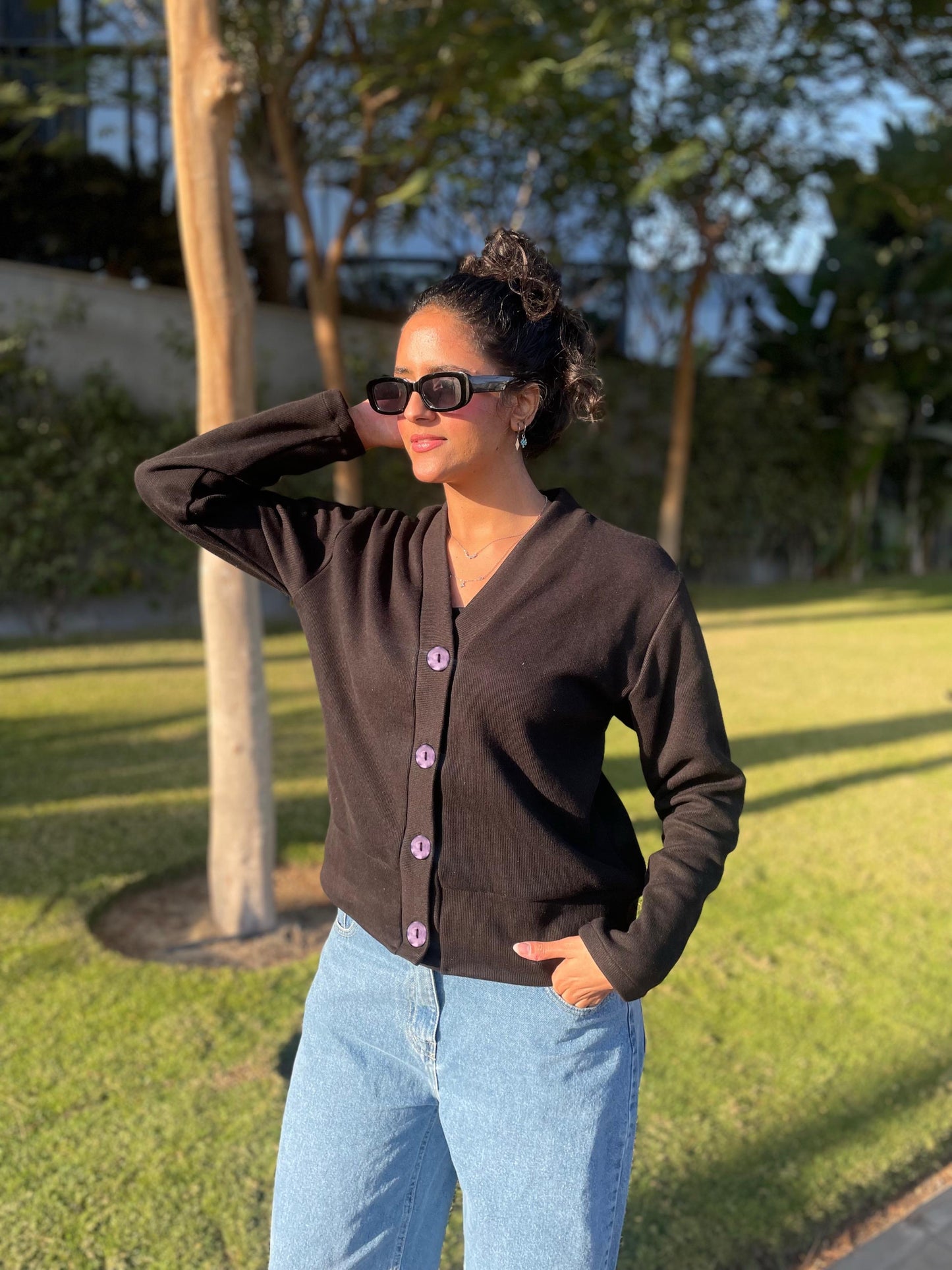 Black Cashmere “Purple Buttons “
