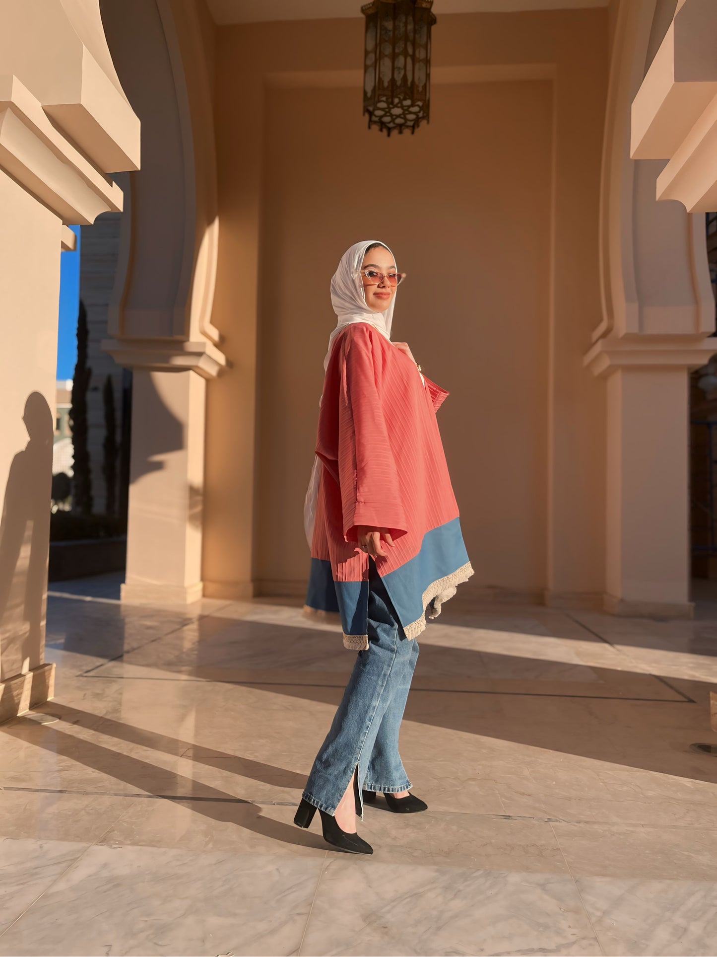 Peach cardigan with denim touch