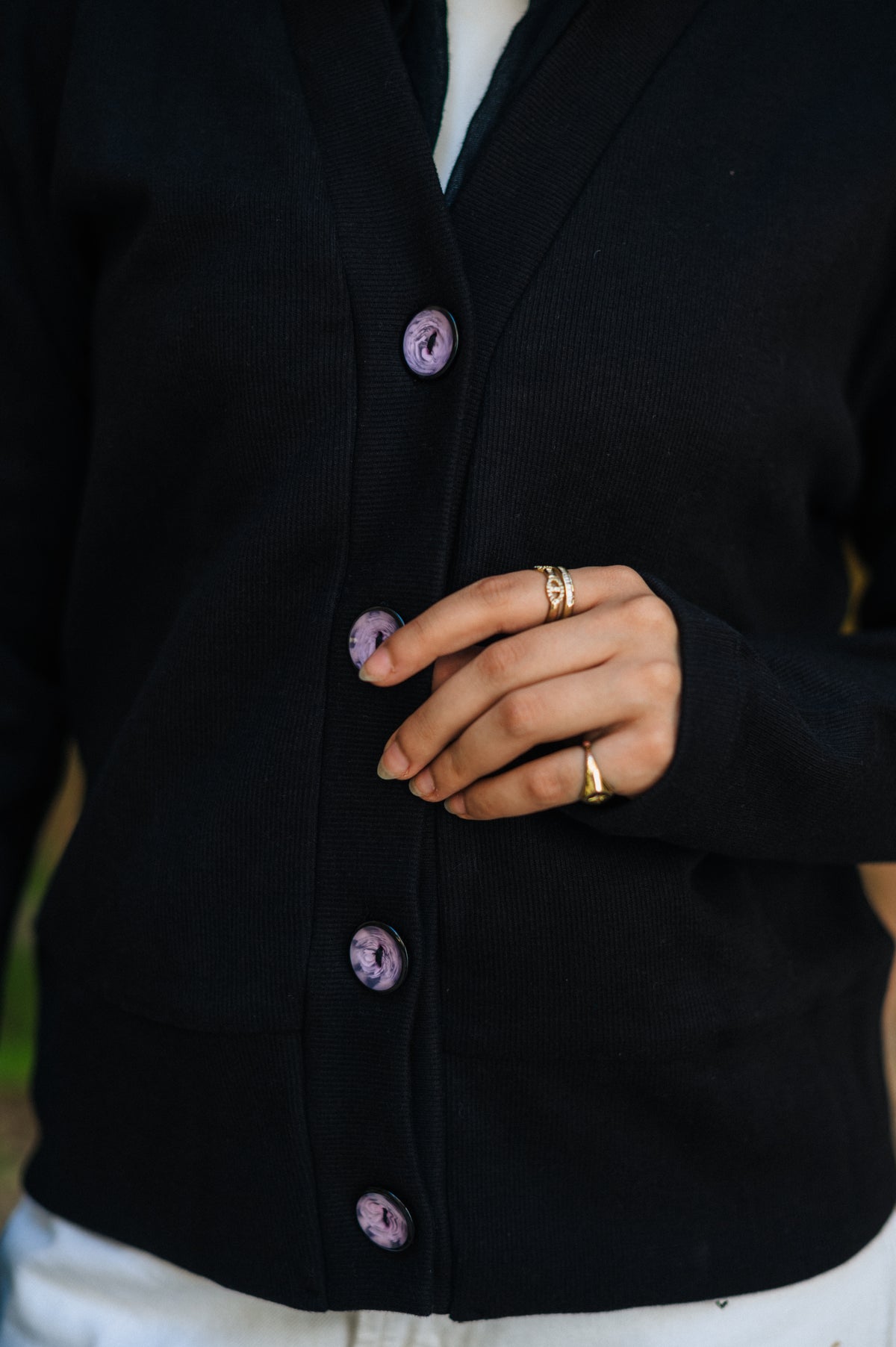 Black Cashmere “Purple Buttons “