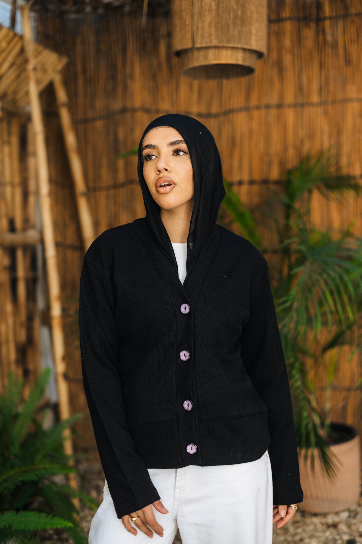Black Cashmere “Purple Buttons “